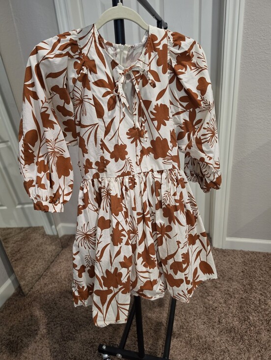 Tahari Dresses & Skirts - Tahlia Brown White Floral Cotton Mini Dress Puff Sleeve Tie Neck Size Small
